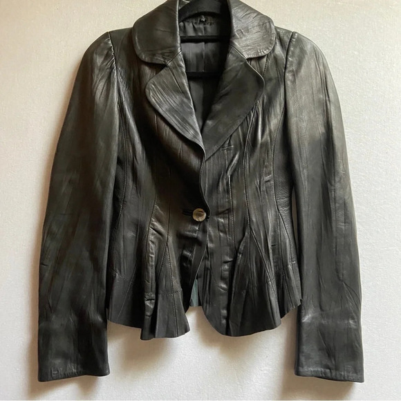 Classic Black sheepskin button leather jacket Sz S/M 17"PTP - Picture 1 of 10